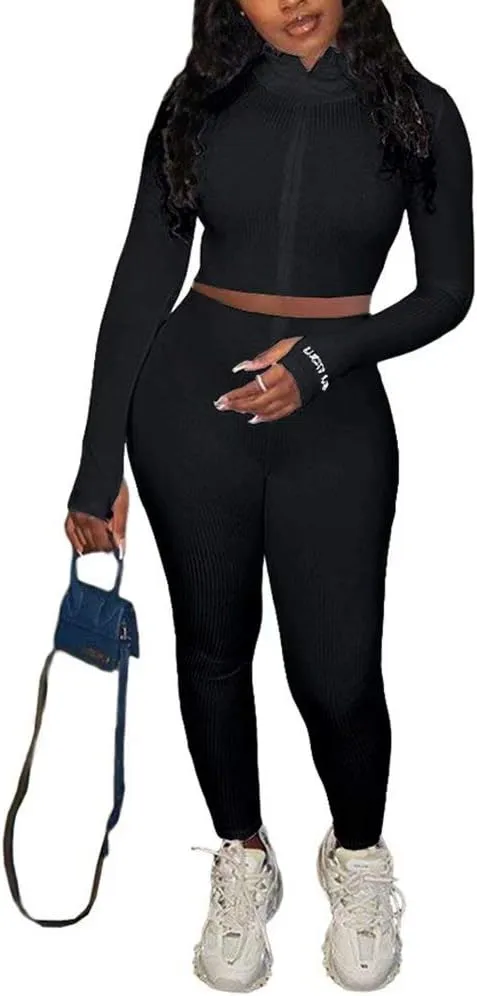 Women Sexy 2 Piece Outfits Ribbed Zipper High Neck Crop Top Thumb Holes Long Bodycon Pants Set Tracksuit Clubwear