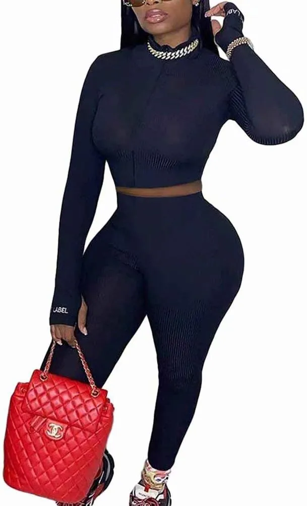 Women Sexy 2 Piece Outfits Ribbed Zipper High Neck Crop Top Thumb Holes Long Bodycon Pants Set Tracksuit Clubwear