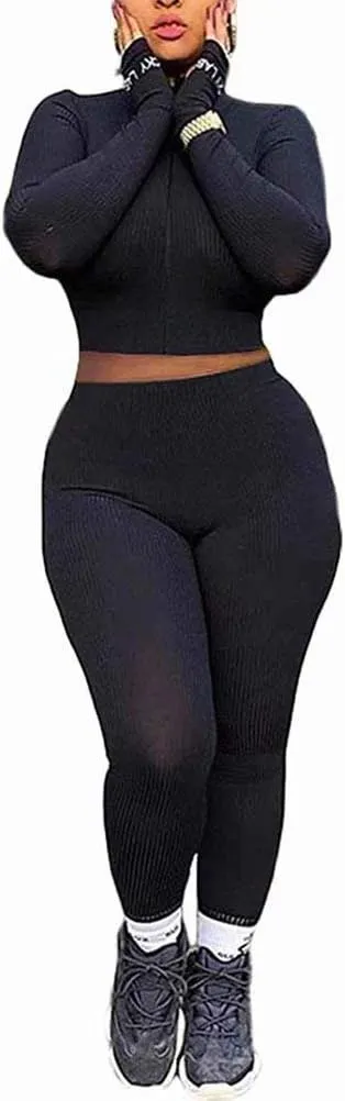 Women Sexy 2 Piece Outfits Ribbed Zipper High Neck Crop Top Thumb Holes Long Bodycon Pants Set Tracksuit Clubwear