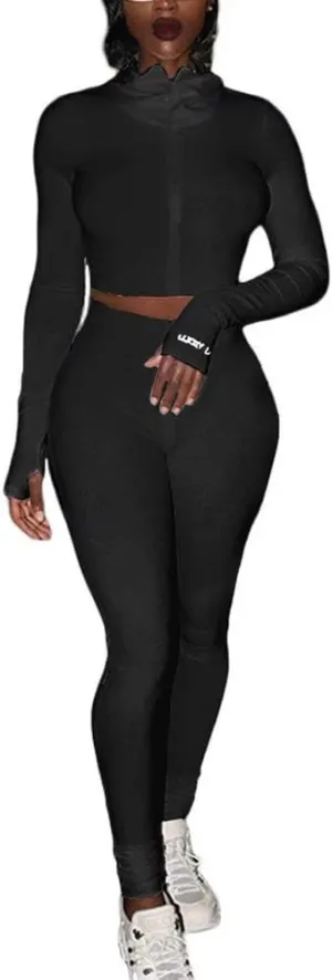 Women Sexy 2 Piece Outfits Ribbed Zipper High Neck Crop Top Thumb Holes Long Bodycon Pants Set Tracksuit Clubwear