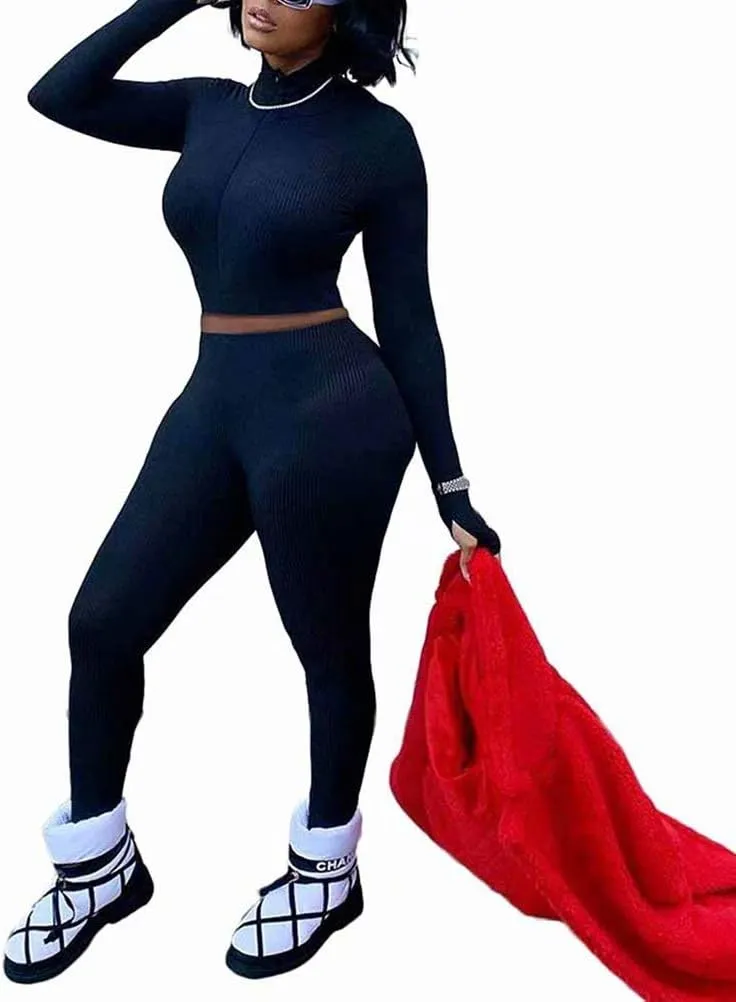 Women Sexy 2 Piece Outfits Ribbed Zipper High Neck Crop Top Thumb Holes Long Bodycon Pants Set Tracksuit Clubwear