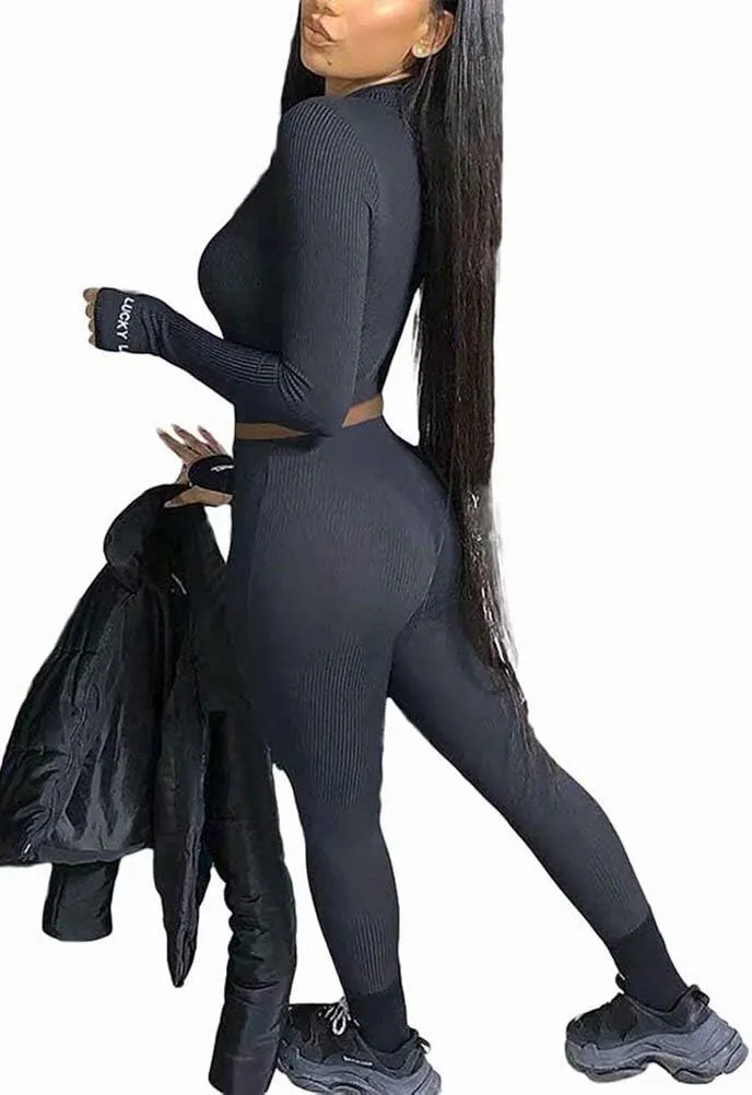 Women Sexy 2 Piece Outfits Ribbed Zipper High Neck Crop Top Thumb Holes Long Bodycon Pants Set Tracksuit Clubwear