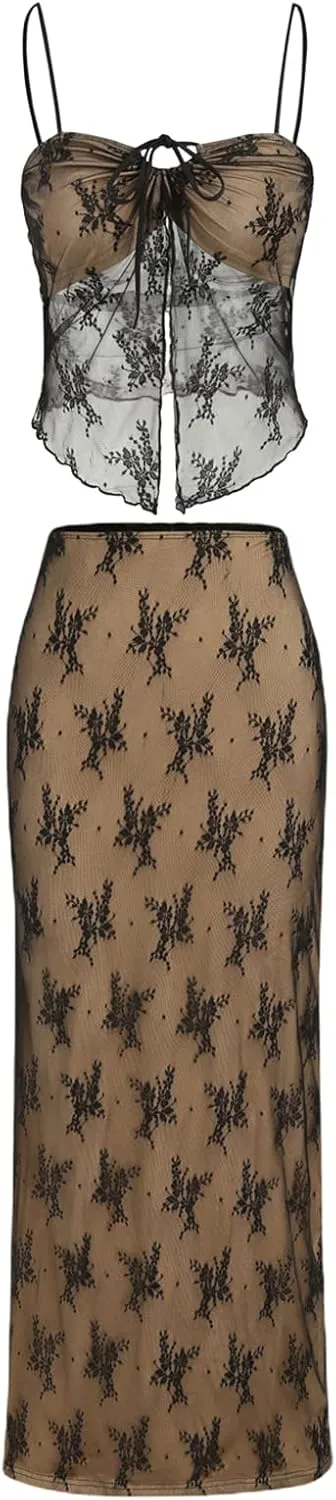 Women Sexy Two Piece Maxi Skirt Set Y2k Front Split Hem Strapless Lace Tube Top and Low Rise Long Skirt Set Clubwear