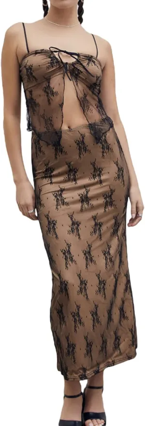 Women Sexy Two Piece Maxi Skirt Set Y2k Front Split Hem Strapless Lace Tube Top and Low Rise Long Skirt Set Clubwear