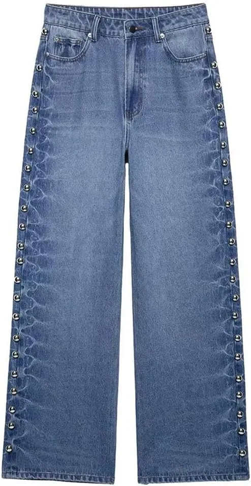 Women Spring Fashion Vintage Mid Waist Side Rivet Loose Straight Denim Pants