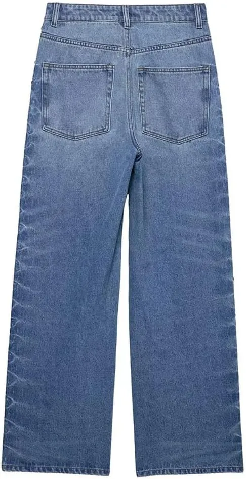 Women Spring Fashion Vintage Mid Waist Side Rivet Loose Straight Denim Pants