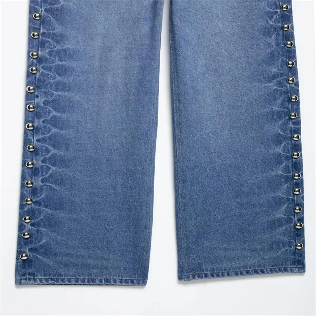 Women Spring Fashion Vintage Mid Waist Side Rivet Loose Straight Denim Pants