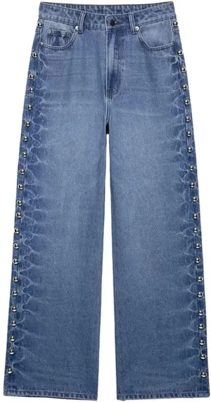 Women Spring Fashion Vintage Mid Waist Side Rivet Loose Straight Denim Pants