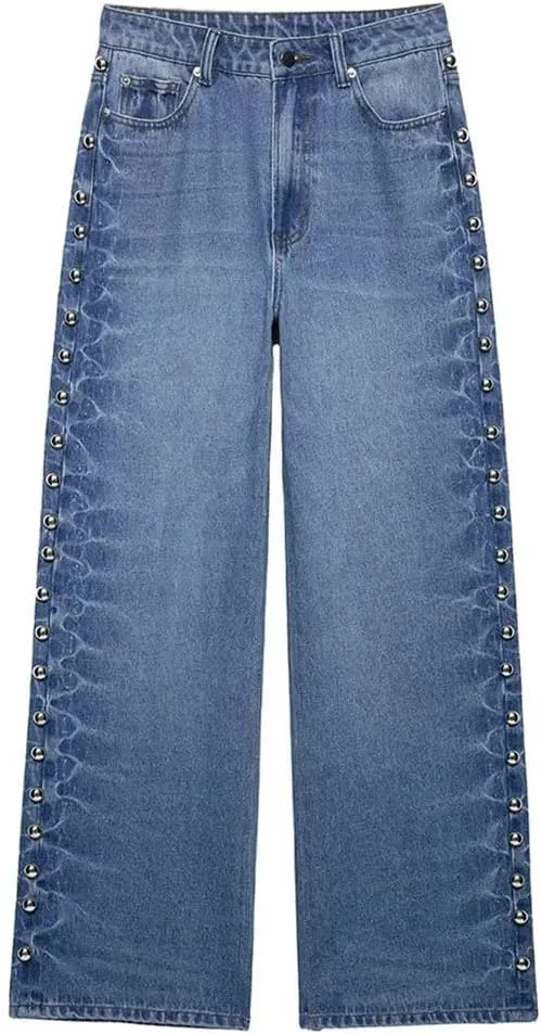 Women Spring Fashion Vintage Mid Waist Side Rivet Loose Straight Denim Pants