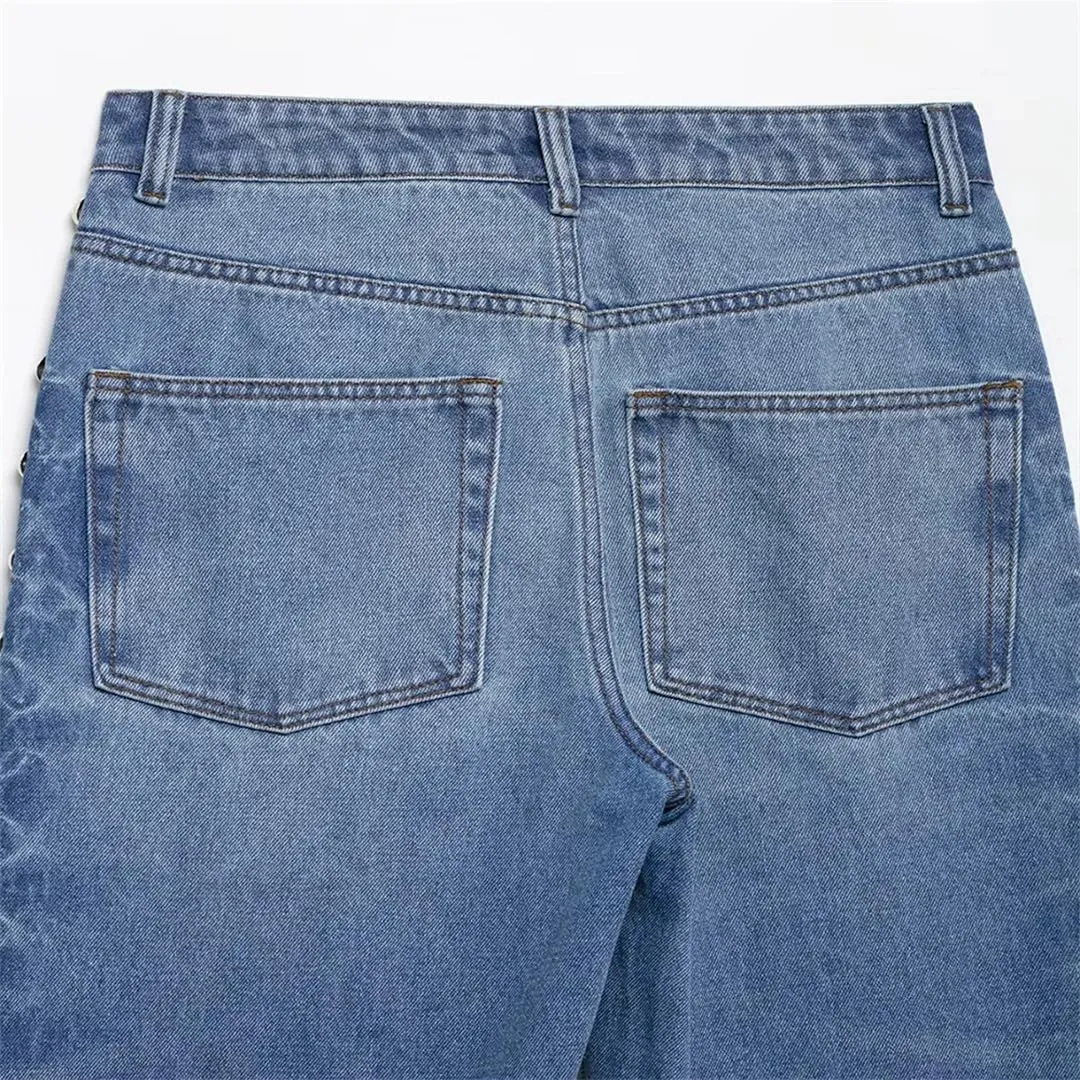 Women Spring Fashion Vintage Mid Waist Side Rivet Loose Straight Denim Pants