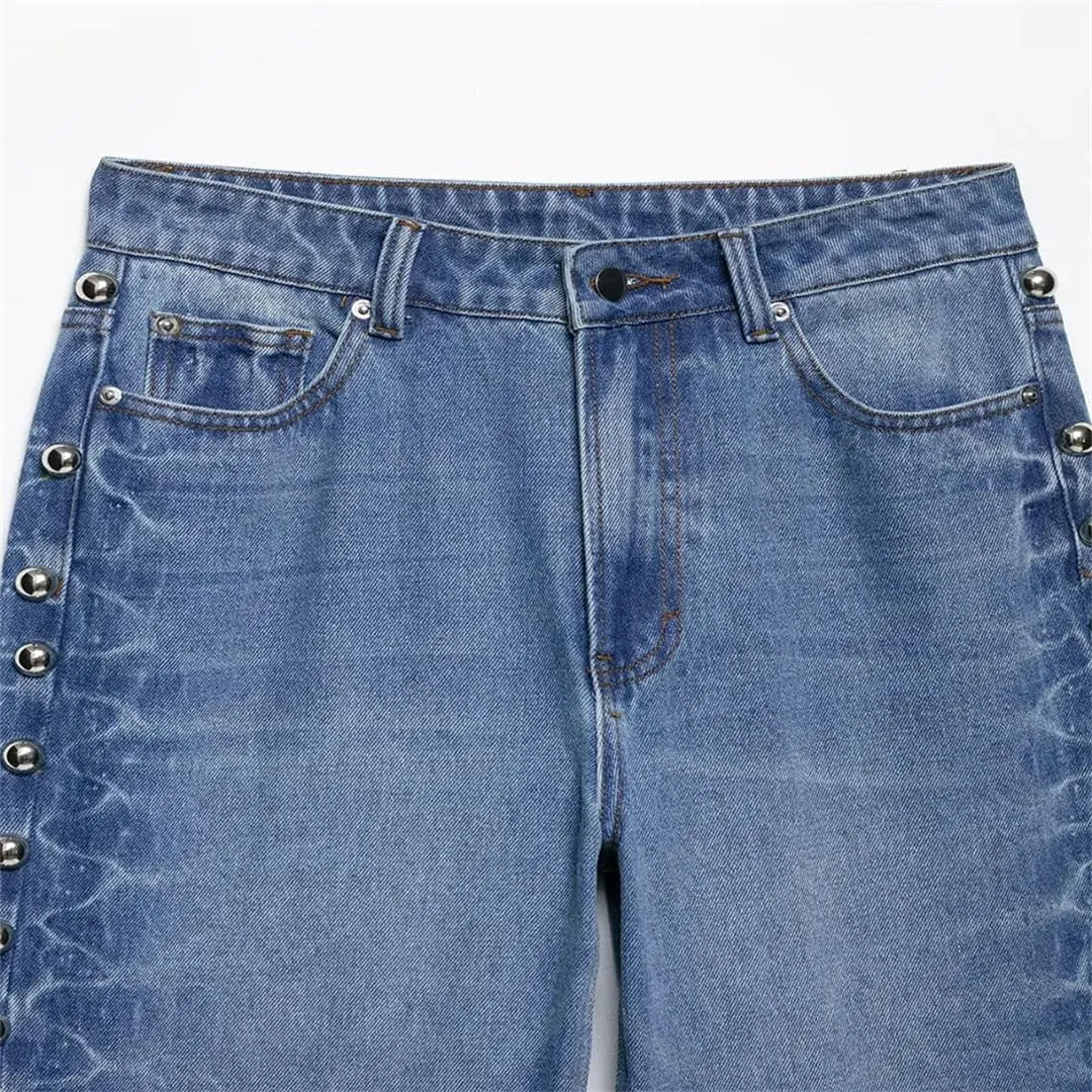 Women Spring Fashion Vintage Mid Waist Side Rivet Loose Straight Denim Pants