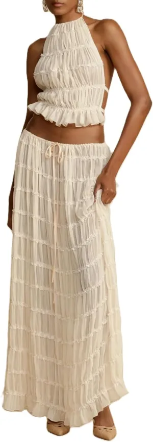 Women Y2k 2 Piece Maxi Skirt Set Lace Up Backless Tank Top Flowy Ruffle Long Skirt Outfits Going Out Streetwear (A Apricot, S)