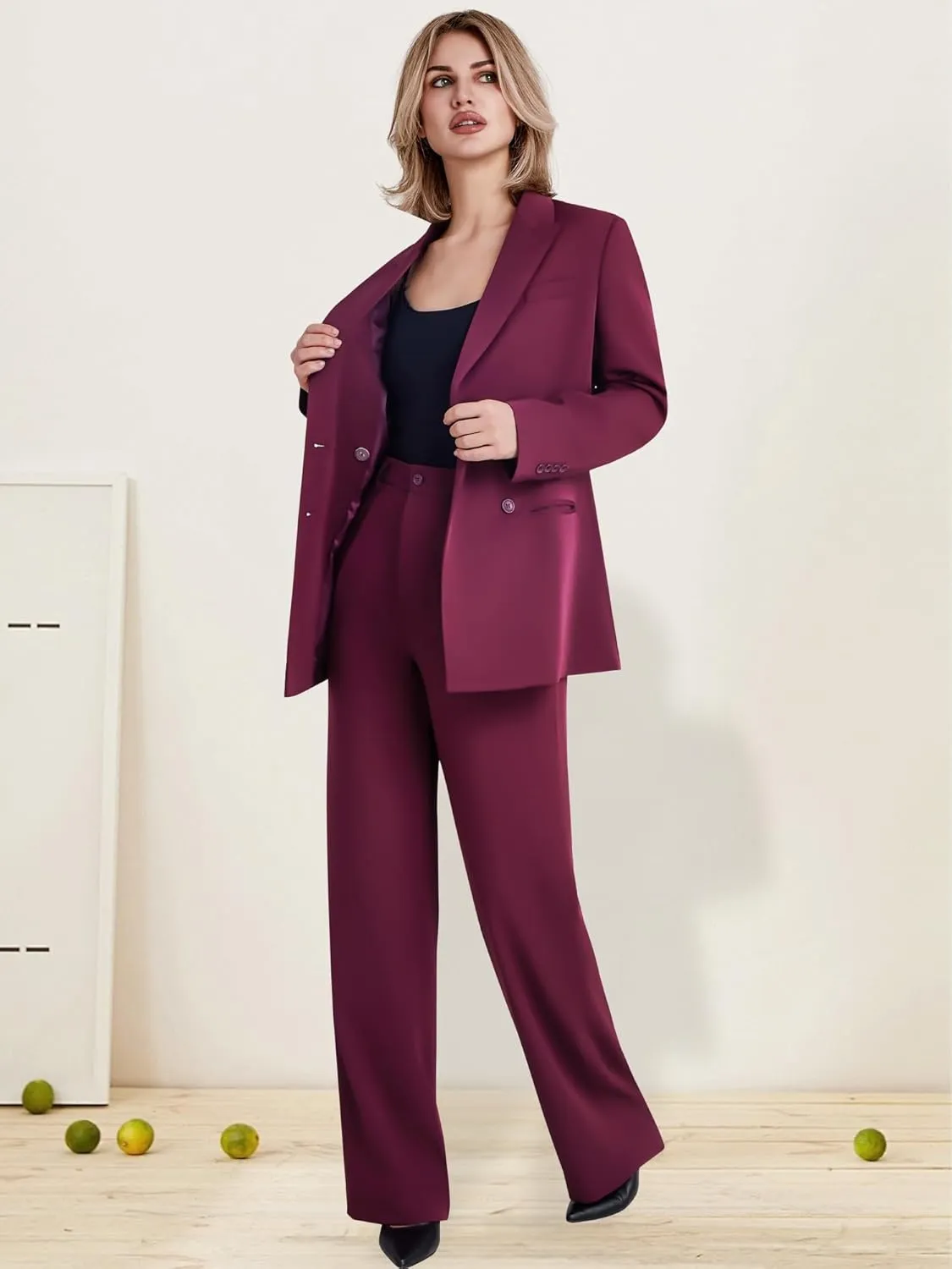 Women's 2 Piece Suit Two Button Business Casual Office Work Outfits Dressy Blazer Wide Leg Pants Set