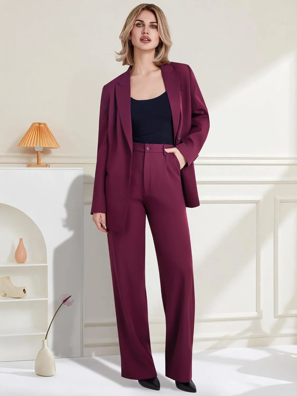 Women's 2 Piece Suit Two Button Business Casual Office Work Outfits Dressy Blazer Wide Leg Pants Set
