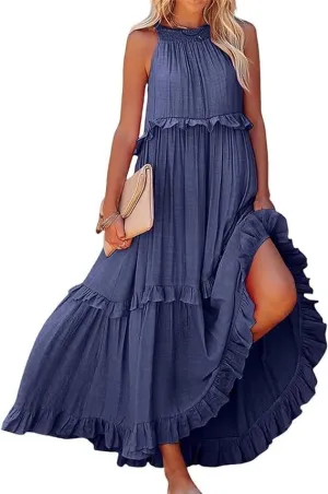 Women's 2024 Summer Sleeveless Halter Maxi Maxi Dress Casual Floral Tiered Flowy Long Sundress Boho Beach Dresses