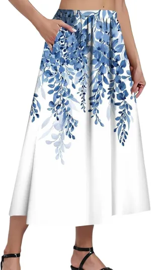 Womens A-Line Midi Skirts Casual Elastic High Waist Flowy Swing Pleated Beach Boho Long Skirt with Pocket