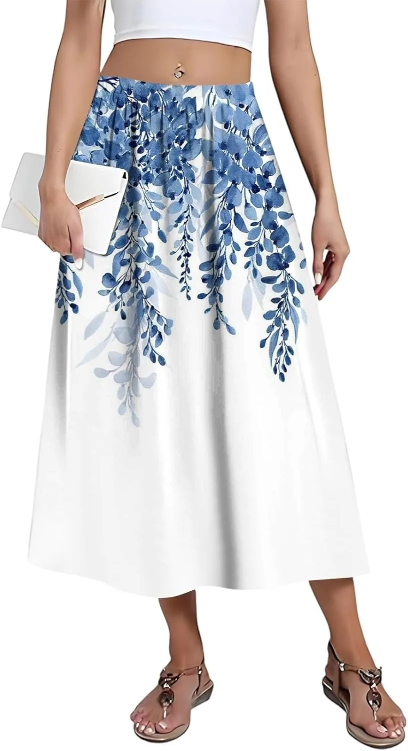 Womens A-Line Midi Skirts Casual Elastic High Waist Flowy Swing Pleated Beach Boho Long Skirt with Pocket