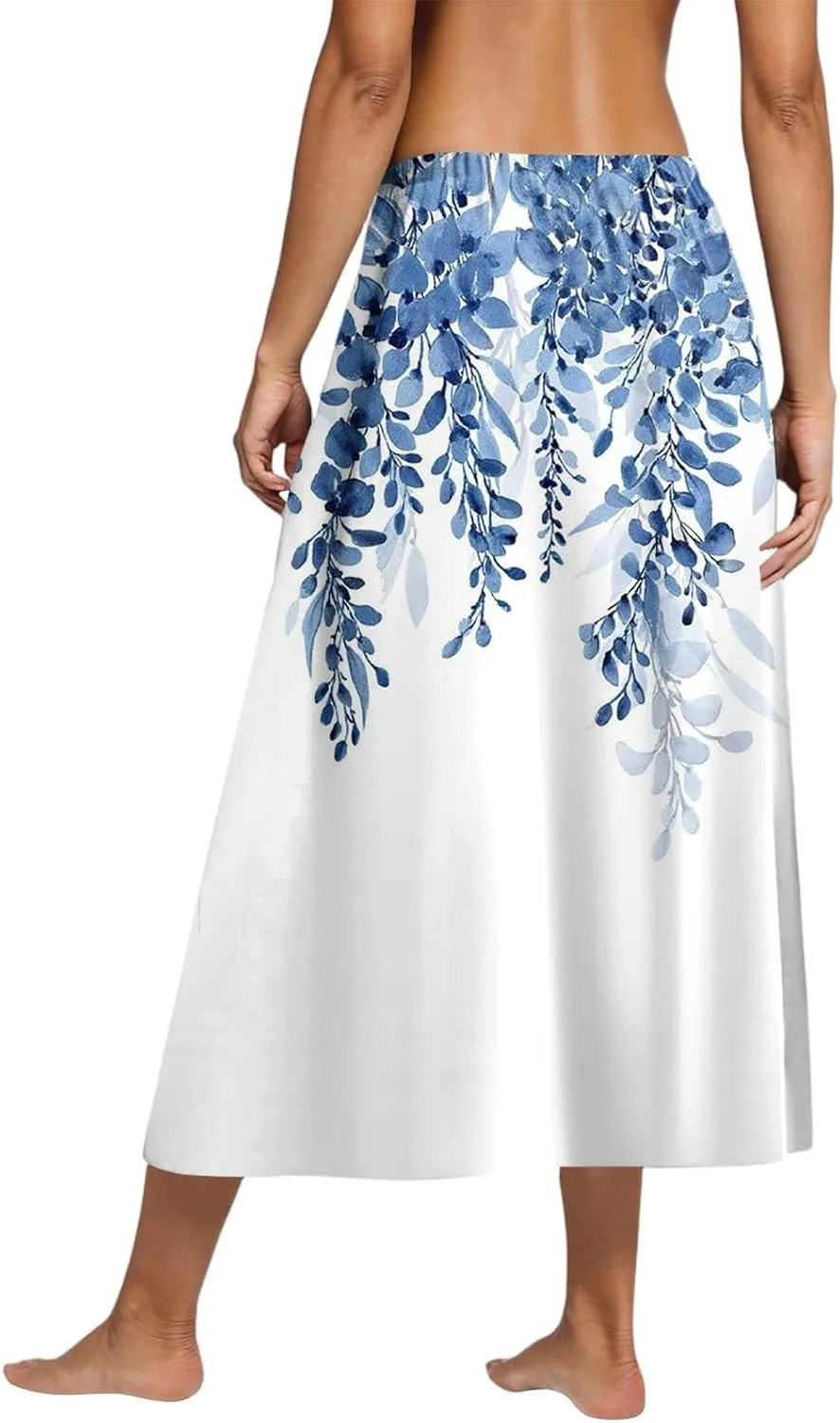 Womens A-Line Midi Skirts Casual Elastic High Waist Flowy Swing Pleated Beach Boho Long Skirt with Pocket