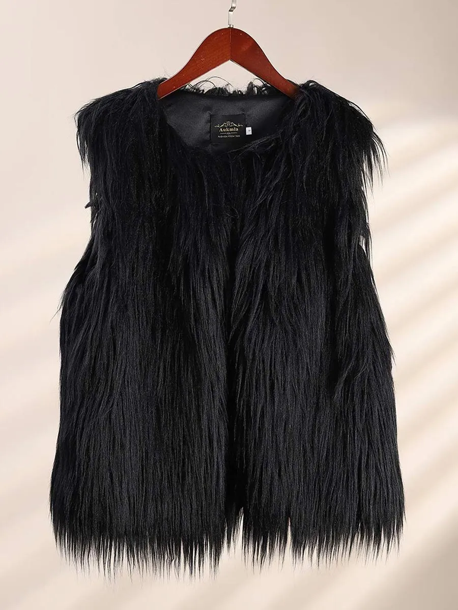 Women's Black Faux Fur Vest Coat Black Sleeveless Fur Vests Winter Warm Fur Coat