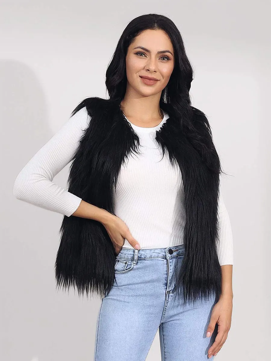 Women's Black Faux Fur Vest Coat Black Sleeveless Fur Vests Winter Warm Fur Coat
