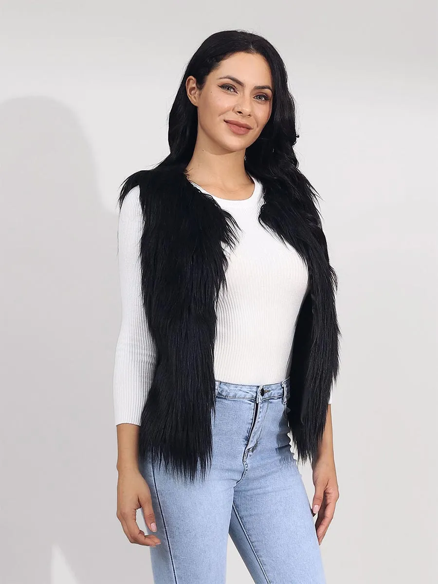 Women's Black Faux Fur Vest Coat Black Sleeveless Fur Vests Winter Warm Fur Coat