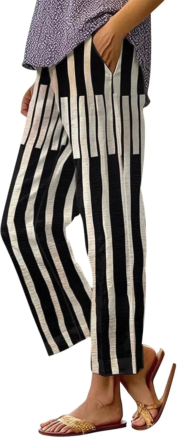 Women's Casual Boho Floral Print Stripe Cotton Linen Pants Elastic Waisted Drawstring Summer Spring Beach Baggy Capri