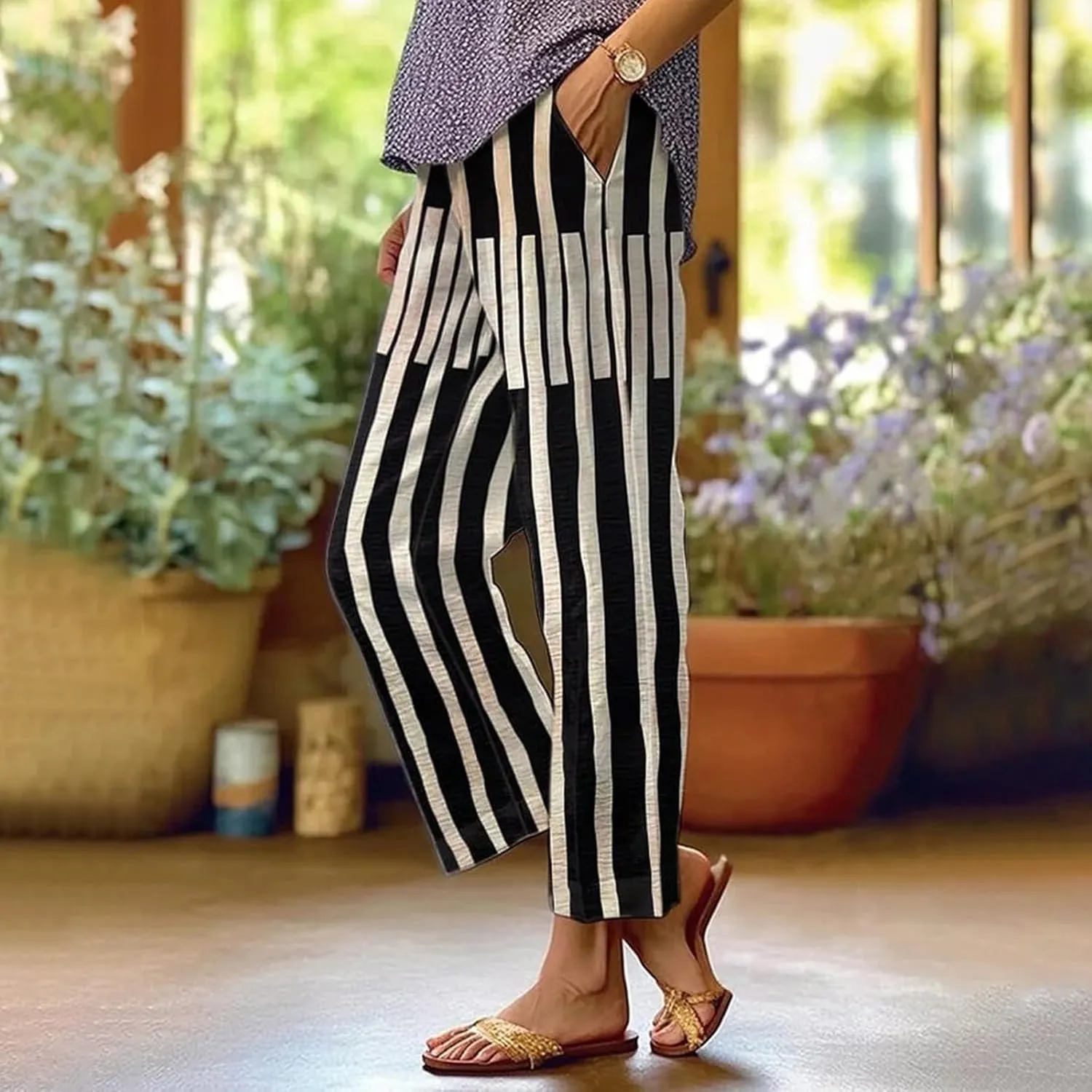 Women's Casual Boho Floral Print Stripe Cotton Linen Pants Elastic Waisted Drawstring Summer Spring Beach Baggy Capri