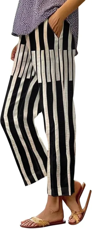Women's Casual Boho Floral Print Stripe Cotton Linen Pants Elastic Waisted Drawstring Summer Spring Beach Baggy Capri