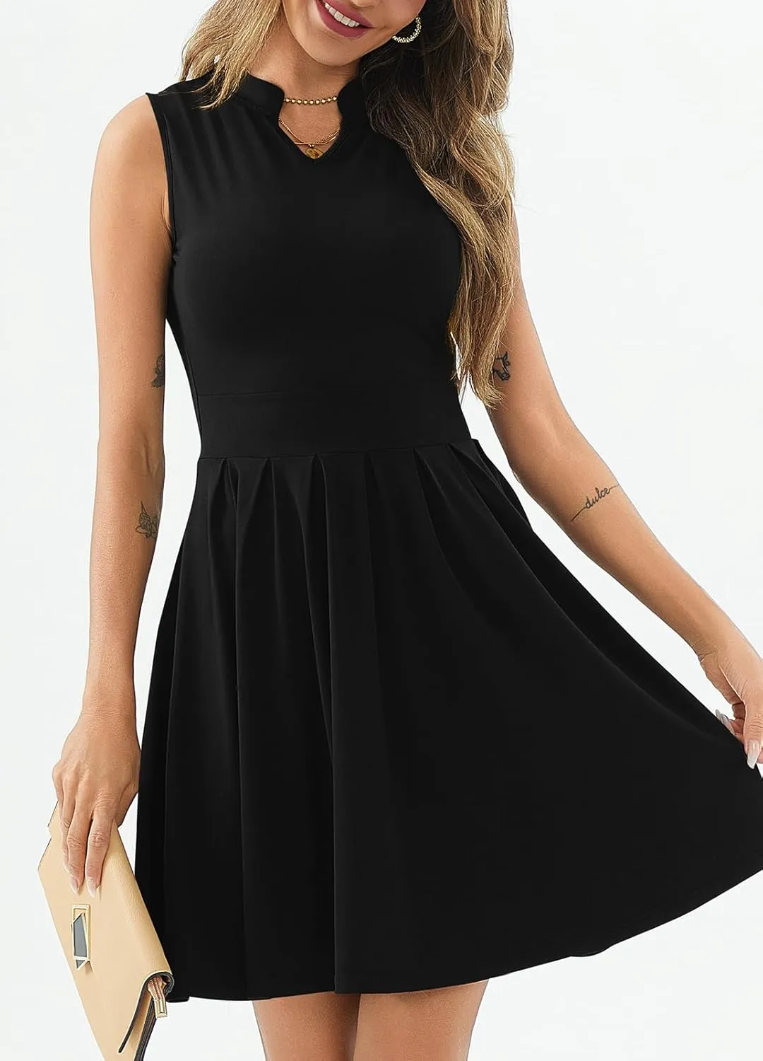 Women's Casual Work Summer Dress V Neck Sleeveless Pleated Beach Sundresses Boho Midi Swing Dresses