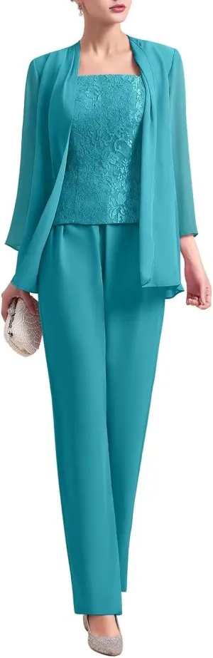 Womens Chiffon Pant Suits 3 Piece Mother of The Bride Dress Wedding Guest Dressy Outfit Evening Gowns
