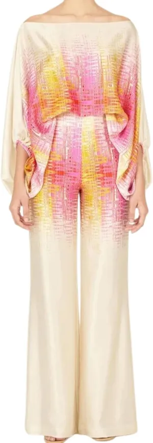 Womens Fall Loose 2 Piece Outfits Off Shoulder Printed Long Sleeve Casual Going Out Wide Leg Pants Set