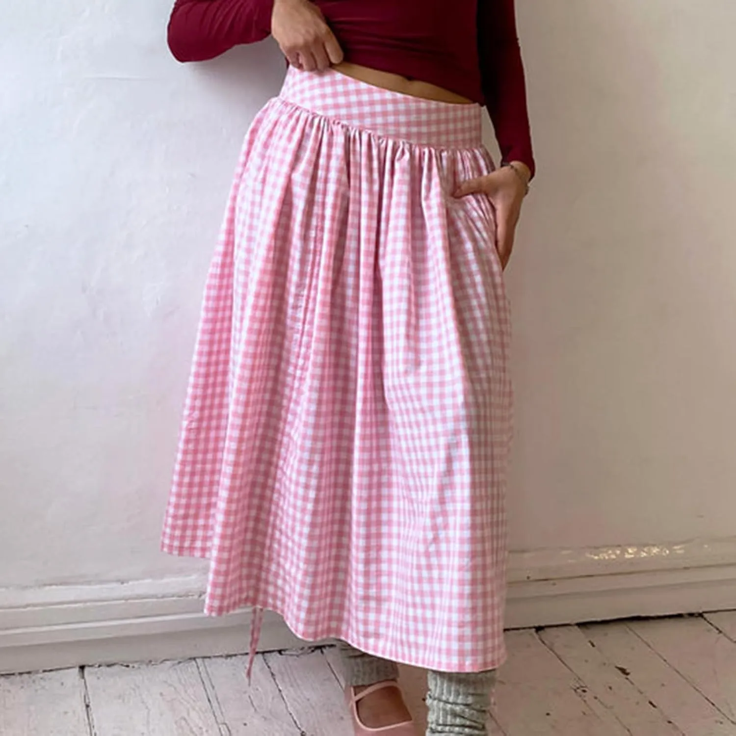 Womens Flowy Pleated Midi Skirt Drawstring Ruched Skirts High Waisted Plaid A Line Boho Casual Long Skirts