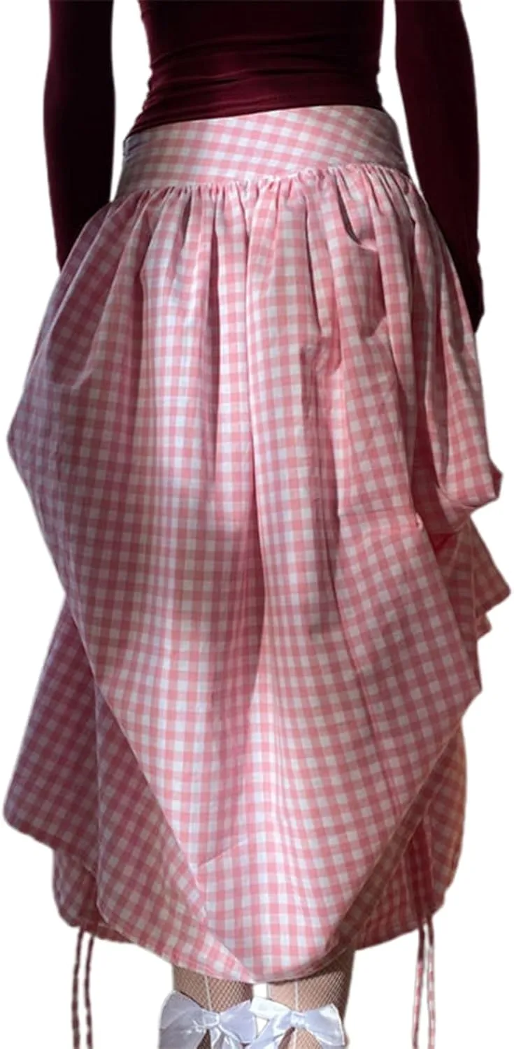 Womens Flowy Pleated Midi Skirt Drawstring Ruched Skirts High Waisted Plaid A Line Boho Casual Long Skirts