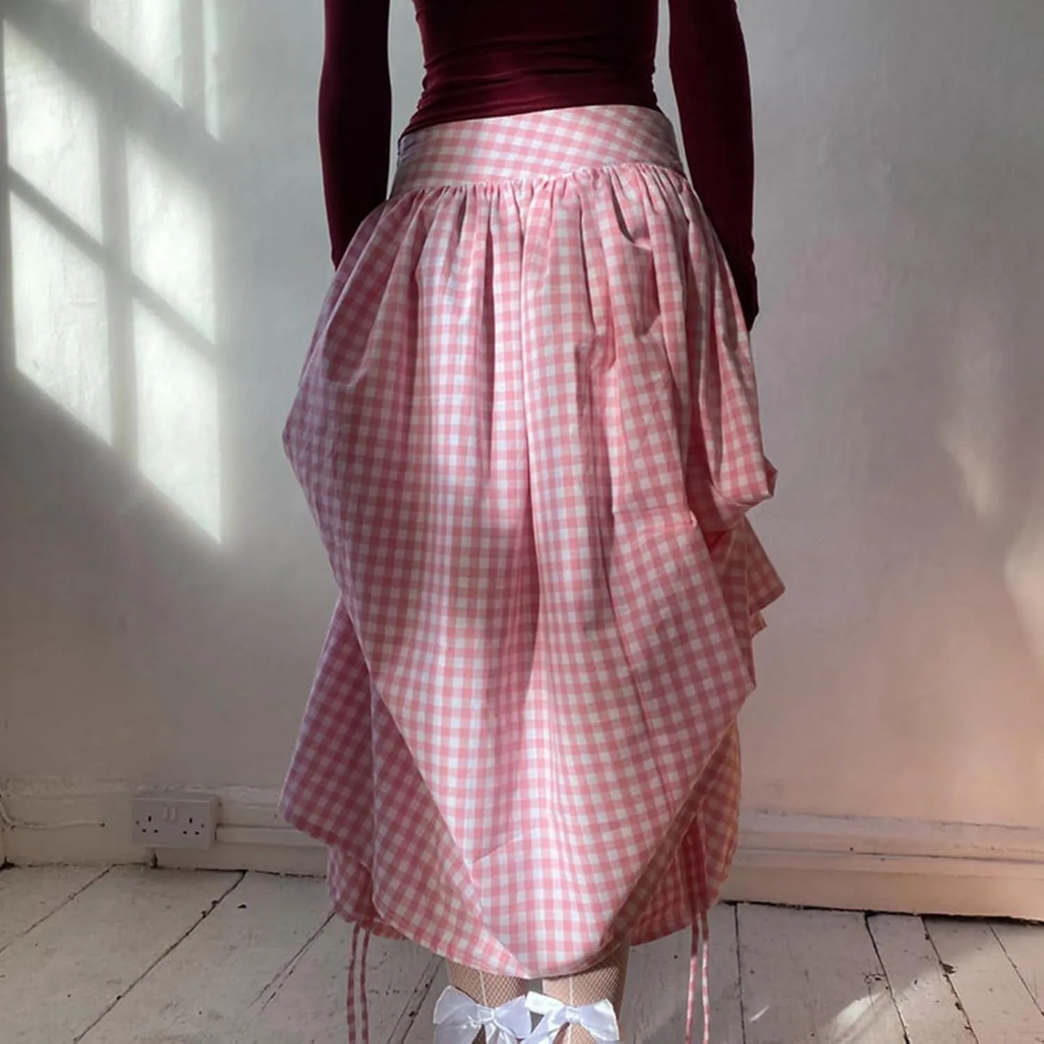 Womens Flowy Pleated Midi Skirt Drawstring Ruched Skirts High Waisted Plaid A Line Boho Casual Long Skirts