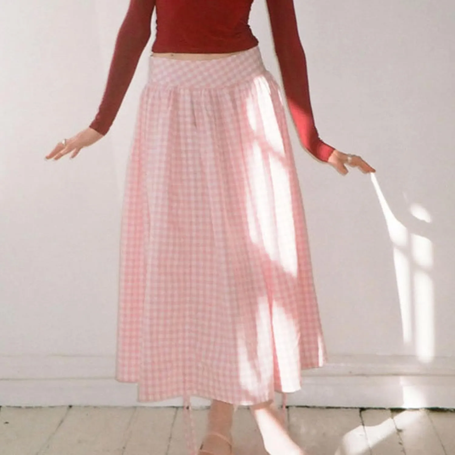 Womens Flowy Pleated Midi Skirt Drawstring Ruched Skirts High Waisted Plaid A Line Boho Casual Long Skirts