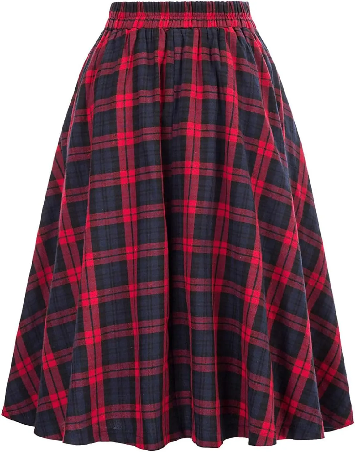 Women's High Waist Vintage Long Skirts Plaid Elegant Elastic Waist Pleated A-Line Casual Midi Skirt