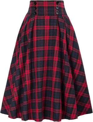 Women's High Waist Vintage Long Skirts Plaid Elegant Elastic Waist Pleated A-Line Casual Midi Skirt