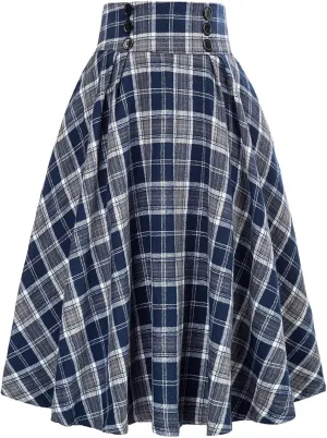 Women's High Waist Vintage Long Skirts Plaid Elegant Elastic Waist Pleated A-Line Casual Midi Skirt