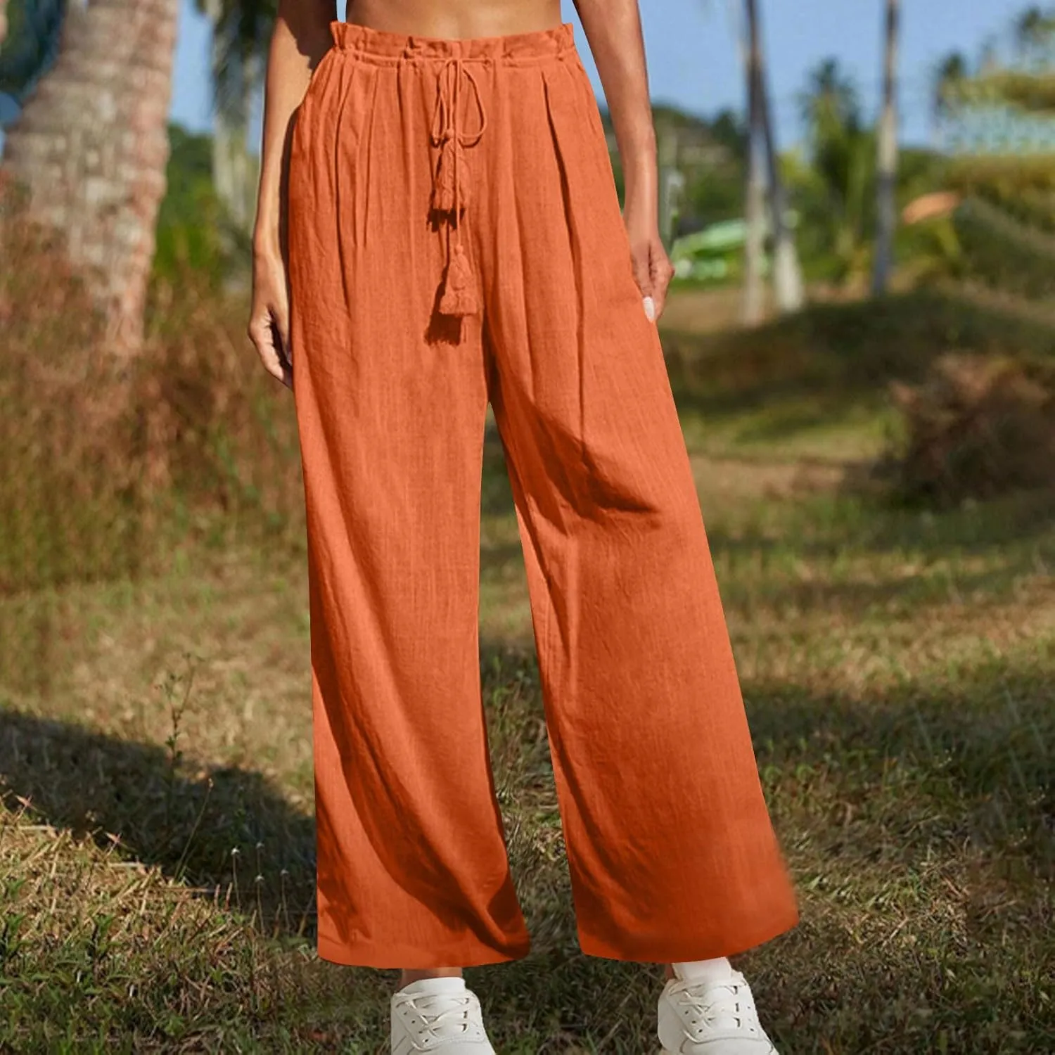 Women's Linen Pants Drawstring Elastic Waist Wide Leg Trousers Boho Beach Pants with Pockets Summer Casual Clothes