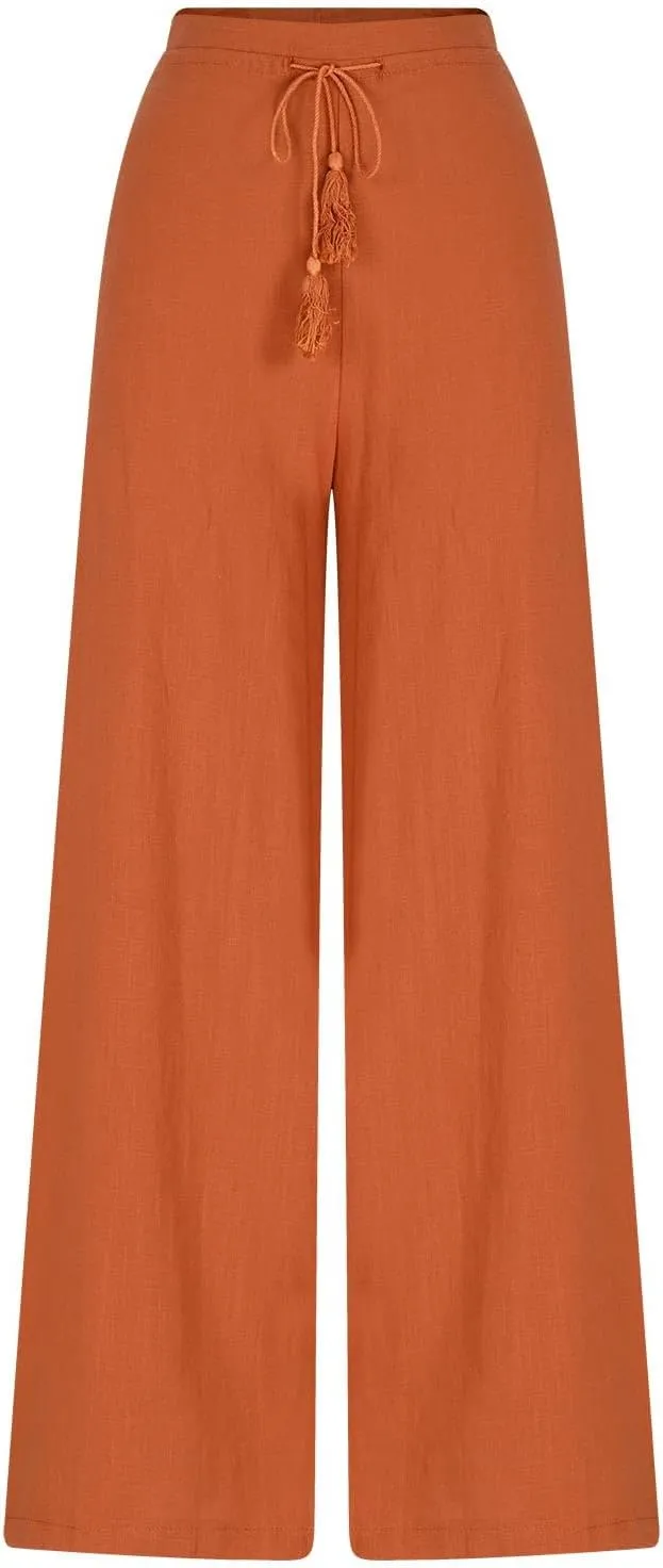 Women's Linen Pants Drawstring Elastic Waist Wide Leg Trousers Boho Beach Pants with Pockets Summer Casual Clothes