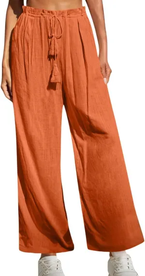 Women's Linen Pants Drawstring Elastic Waist Wide Leg Trousers Boho Beach Pants with Pockets Summer Casual Clothes