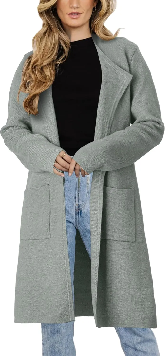 Women's Open Front Cardigan Sweater Long Sleeve Casual Knit Lapel Coatigan Coat