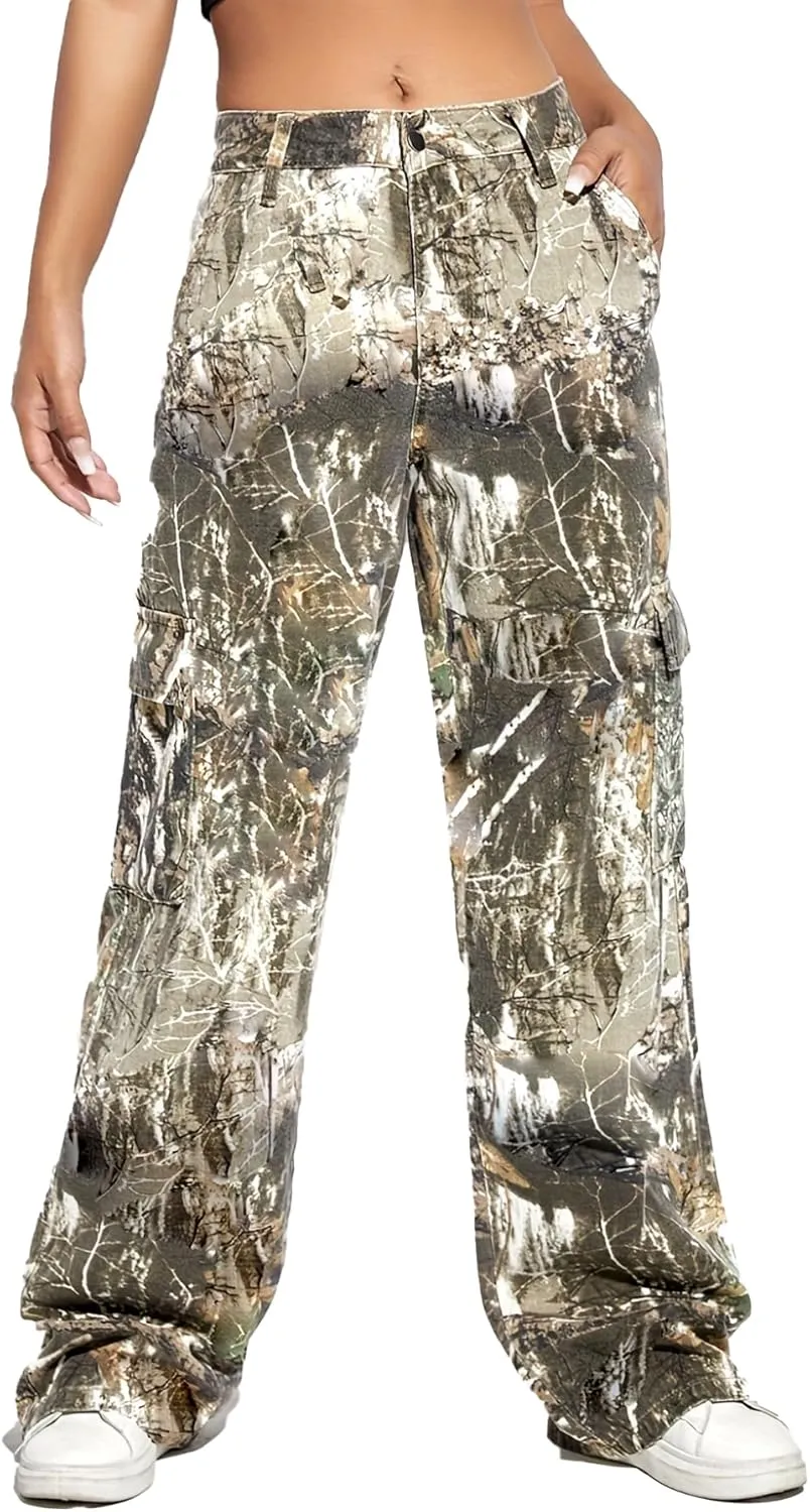 Women's Plus Size Cargo Camo Pants High Waist Slim Fit Camouflage Jogger Pants Sweatpants with Pockets