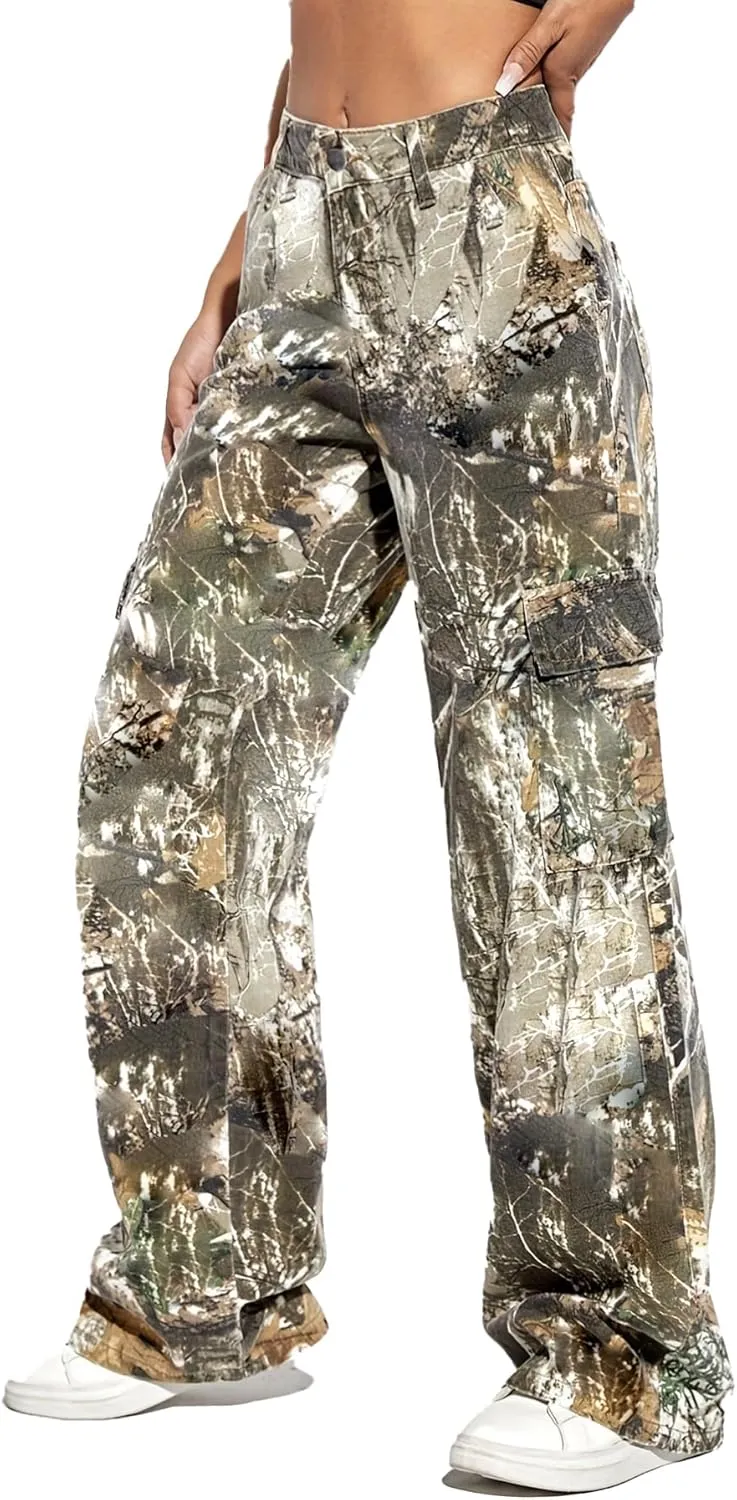 Women's Plus Size Cargo Camo Pants High Waist Slim Fit Camouflage Jogger Pants Sweatpants with Pockets