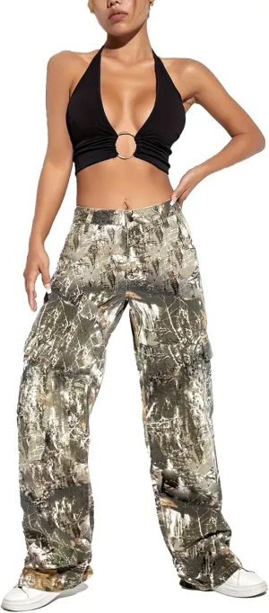 Women's Plus Size Cargo Camo Pants High Waist Slim Fit Camouflage Jogger Pants Sweatpants with Pockets