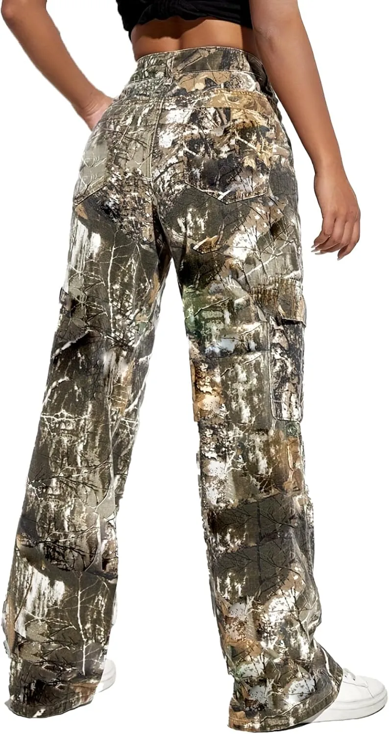 Women's Plus Size Cargo Camo Pants High Waist Slim Fit Camouflage Jogger Pants Sweatpants with Pockets
