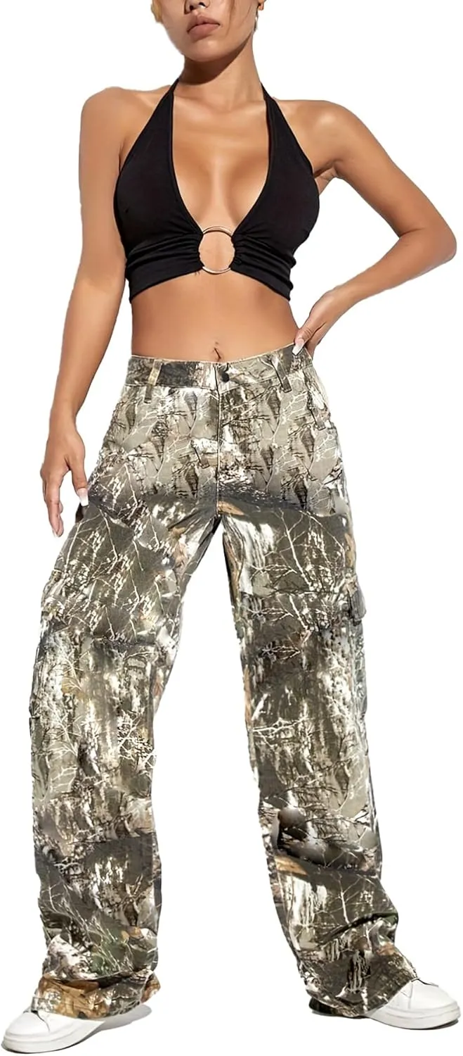 Women's Plus Size Cargo Camo Pants High Waist Slim Fit Camouflage Jogger Pants Sweatpants with Pockets