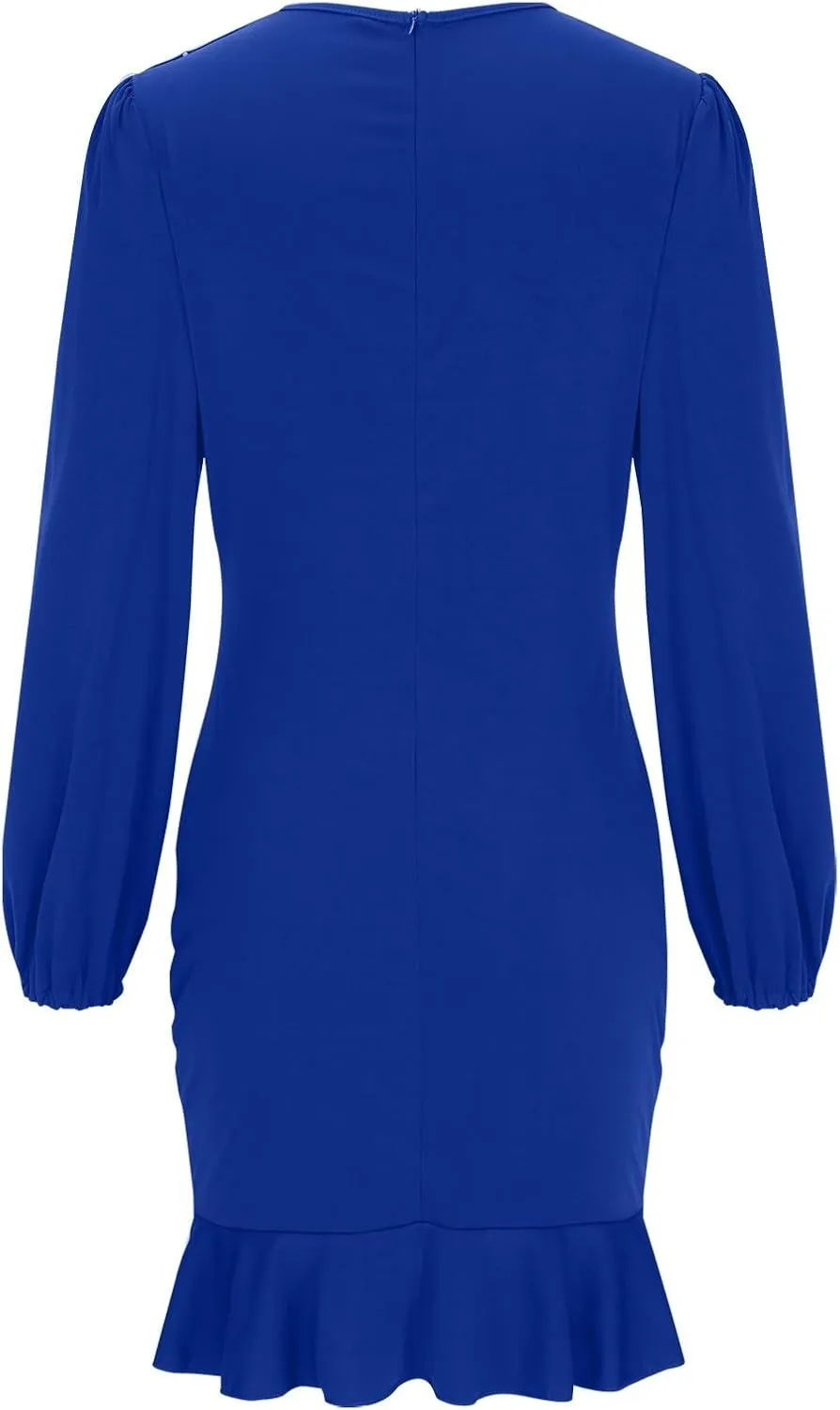 Women's Ruched Bodycon Dress Lantern Long Sleeve Ruffle Pencil Dress Comfy Cocktail Party Wedding Guest Mini Dresses