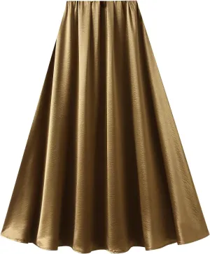 Women's Satin A-Line Midi Skirt - Luxury Long Flowy Skirt with Elastic Waist in Solid Colors