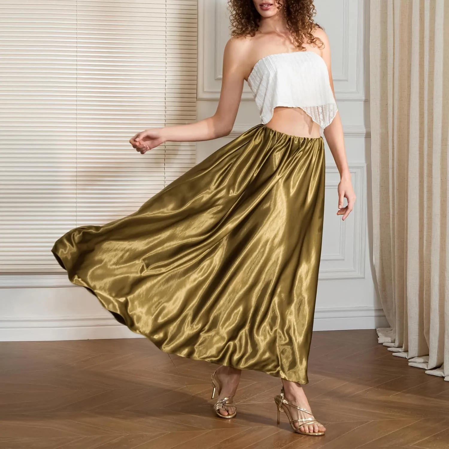 Women's Satin A-Line Midi Skirt - Luxury Long Flowy Skirt with Elastic Waist in Solid Colors